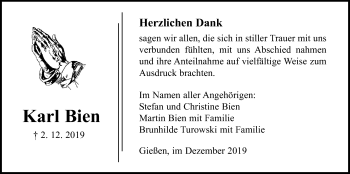 Traueranzeige von Karl Bien von Giessener Allgemeine, Alsfelder Allgemeine