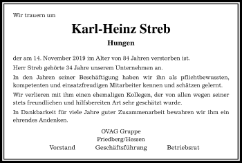 Traueranzeige von Karl-Heinz Streb von Licher Wochenblatt