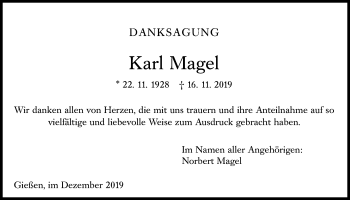 Traueranzeige von Karl Magel von Giessener Allgemeine, Alsfelder Allgemeine