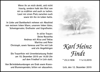 Traueranzeige von Karl Heinz Findt von Licher Wochenblatt