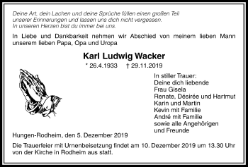 Traueranzeige von Karl Ludwig Wacker von Licher Wochenblatt