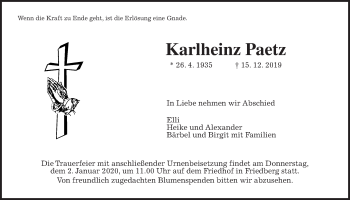 Traueranzeige von Karlheinz Paetz von Wetterauer Zeitung