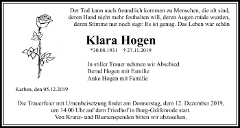 Traueranzeige von Klara Hogen von Bad Vilbel/Karben