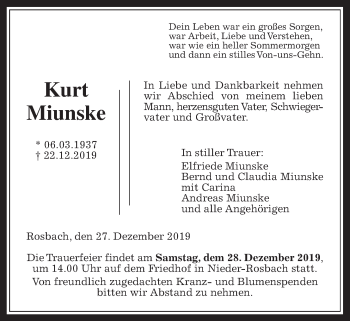 Traueranzeige von Kurt Miunske von Wetterauer Zeitung