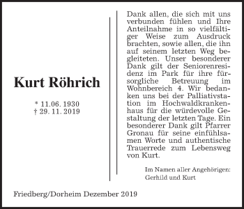 Traueranzeige von Kurt Röhrich von Wetterauer Zeitung