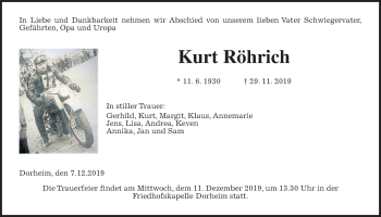 Traueranzeige von Kurt Röhrich von Wetterauer Zeitung