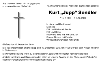 Traueranzeige von Kurt Sendler von Giessener Allgemeine, Alsfelder Allgemeine