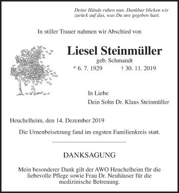 Traueranzeige von Liesel Steinmüller von Giessener Allgemeine, Alsfelder Allgemeine