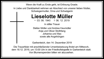 Traueranzeige von Lieselotte Müller von Giessener Allgemeine, Alsfelder Allgemeine