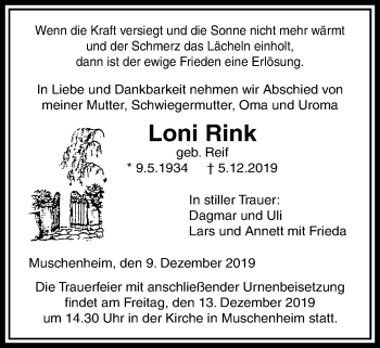 Traueranzeige von Loni Rink von Licher Wochenblatt