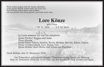 Traueranzeige von Lore Könze von Alsfelder Allgemeine