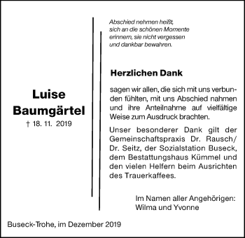 Traueranzeige von Luise Baumgärtel von Giessener Allgemeine, Alsfelder Allgemeine