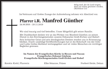Traueranzeige von Manfred Günther von Alsfelder Allgemeine, Giessener Allgemeine