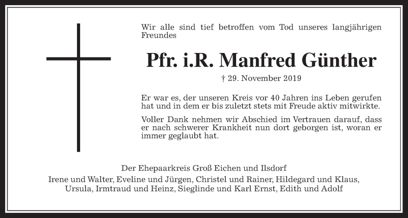  Traueranzeige für Manfred Günther vom 05.12.2019 aus Mücker Stimme