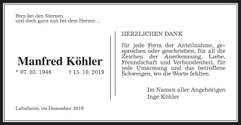 Traueranzeige von Manfred Köhler von Giessener Allgemeine, Alsfelder Allgemeine