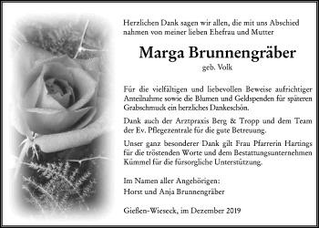 Traueranzeige von Marga Brunnengräber von Giessener Allgemeine, Alsfelder Allgemeine