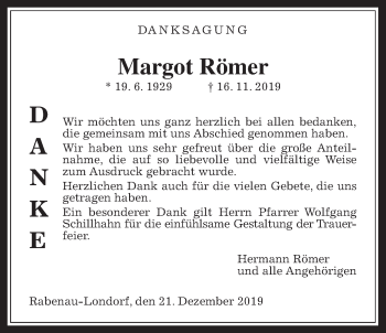 Traueranzeige von Margot Römer von Giessener Allgemeine, Alsfelder Allgemeine