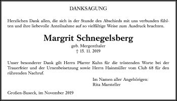 Traueranzeige von Margrit Schnegelsberg von Giessener Allgemeine, Alsfelder Allgemeine
