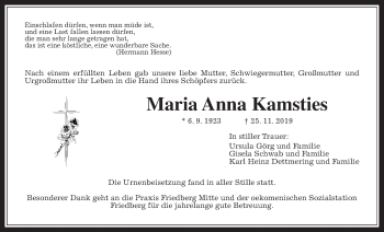 Traueranzeige von Maria Anna Kamsties von Wetterauer Zeitung