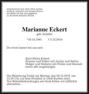 Traueranzeige von Marianne Eckert von Wetterauer Zeitung