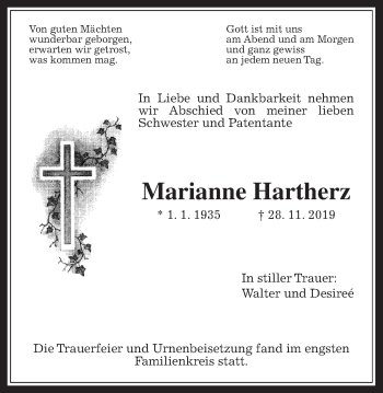 Traueranzeige von Marianne Hartherz von Wetterauer Zeitung
