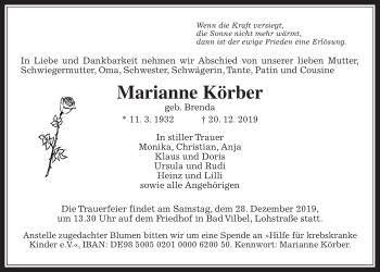 Traueranzeige von Marianne Körber von Wetterauer Zeitung