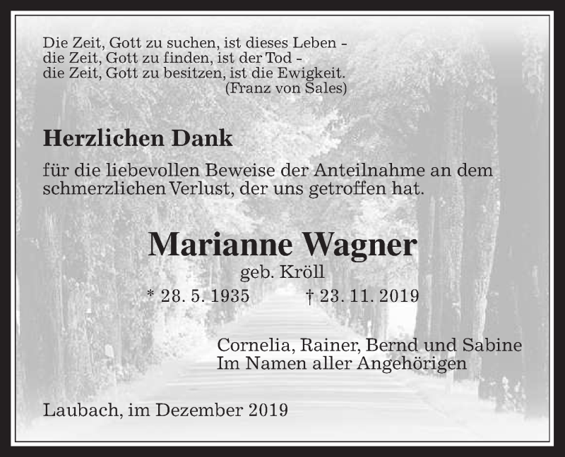  Traueranzeige für Marianne Wagner vom 18.12.2019 aus Laubacher Anzeiger