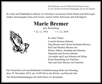 Traueranzeige von Marie Bremer von Giessener Allgemeine, Alsfelder Allgemeine