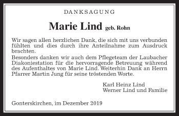 Traueranzeige von Marie Lind von Laubacher Anzeiger