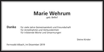 Traueranzeige von Marie Wehrum von Giessener Allgemeine, Alsfelder Allgemeine