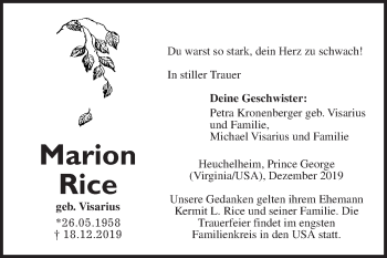 Traueranzeige von Marion Rice von Giessener Allgemeine, Alsfelder Allgemeine, Wetterauer Zeitung