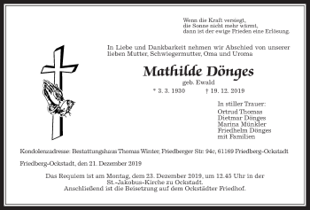 Traueranzeige von Mathilde Dönges von Wetterauer Zeitung