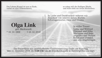 Traueranzeige von Olga Link von Alsfelder Allgemeine