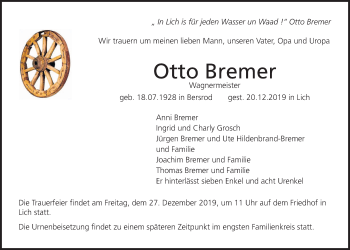 Traueranzeige von Otto Bremer von Giessener Allgemeine, Alsfelder Allgemeine