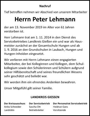 Traueranzeige von Peter Lehmann von Wetterauer Zeitung
