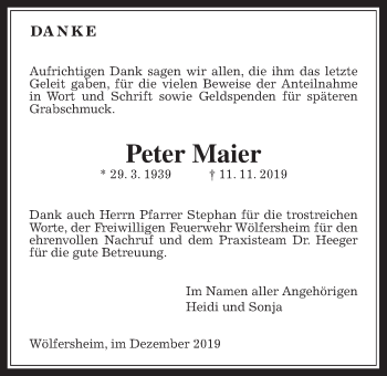 Traueranzeige von Peter Maier von Wetterauer Zeitung