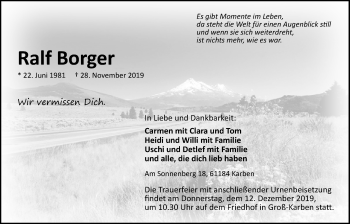 Traueranzeige von Ralf Borger von Bad Vilbel/Karben