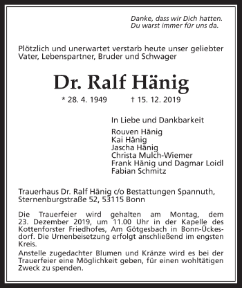 Traueranzeige von Ralf Hänig von Wetterauer Zeitung