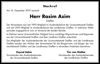 Traueranzeige von Rasim Azim von Giessener Allgemeine, Alsfelder Allgemeine