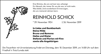 Traueranzeige von Reinhold Schick von Giessener Allgemeine, Alsfelder Allgemeine