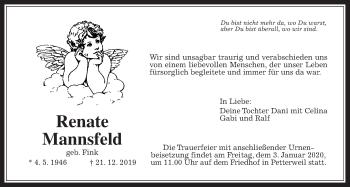 Traueranzeige von Renate Mannsfeld von Wetterauer Zeitung