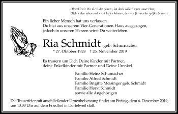 Traueranzeige von Ria Schmidt von Bad Vilbel/Karben