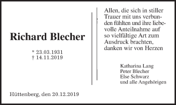 Traueranzeige von Richard Blecher von Giessener Allgemeine, Alsfelder Allgemeine