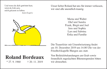 Traueranzeige von Roland Bordeaux von Licher Wochenblatt