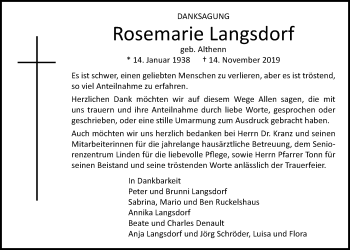 Traueranzeige von Rosemarie Langsdorf von Giessener Allgemeine, Alsfelder Allgemeine