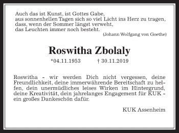 Traueranzeige von Roswitha Zbolaly von Wetterauer Zeitung