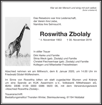 Traueranzeige von Roswitha Zbolaly von Wetterauer Zeitung
