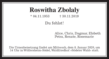 Traueranzeige von Roswitha Zbolaly von Wetterauer Zeitung