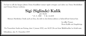 Traueranzeige von Siglinde Kulik von Wetterauer Zeitung