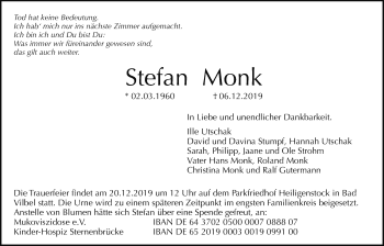 Traueranzeige von Stefan Monk von Bad Vilbel/Karben